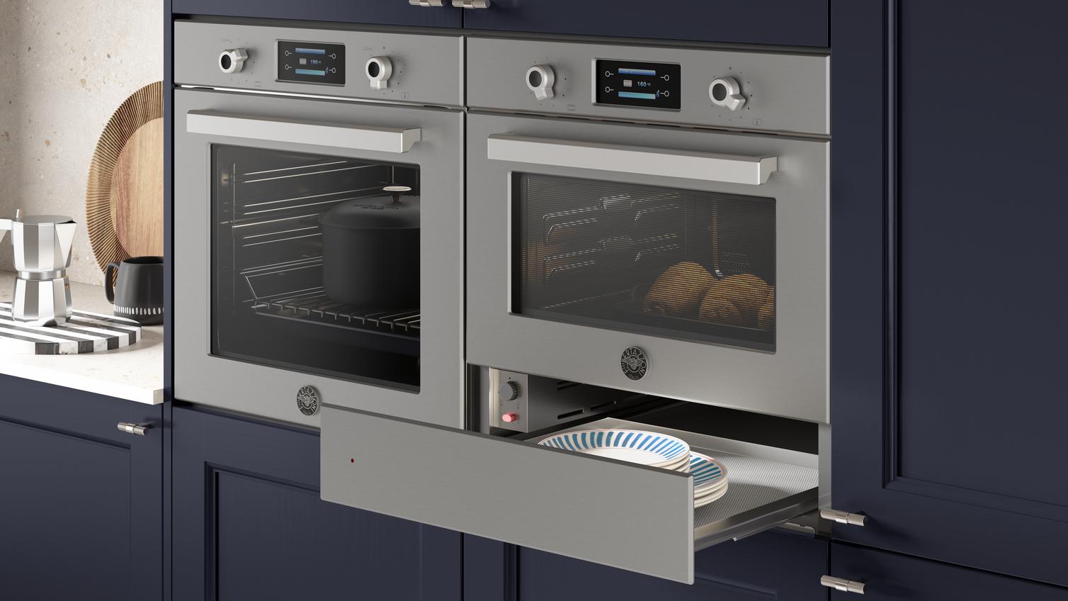 Warming Drawer Pro Series 60cm Oven Pro Series Combi MW Featuring Elmbridge Navy Kitchen