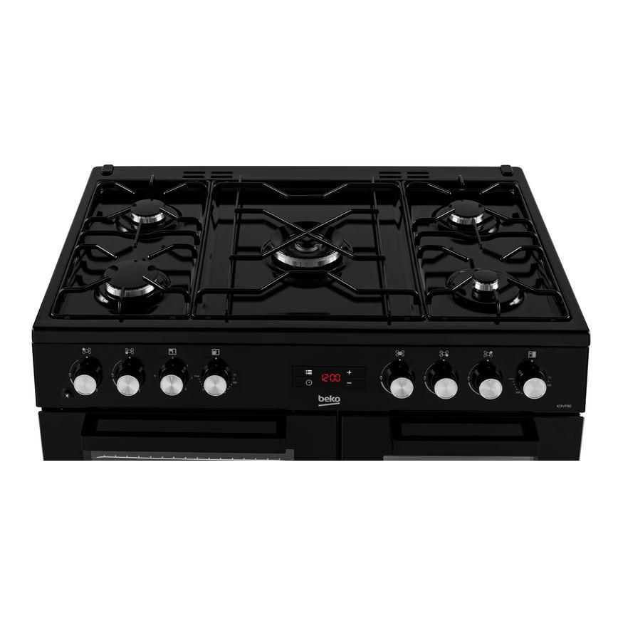 Beko KDVF90K 90cm Dual Fuel Black Range Cooker Hobs and control panel