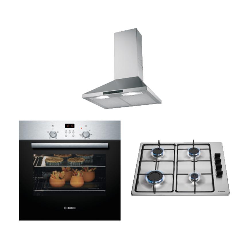 Bosch Stainless Steel Single Fan Oven, Standard Gas Hob and Chimney Extractor Cooking Package