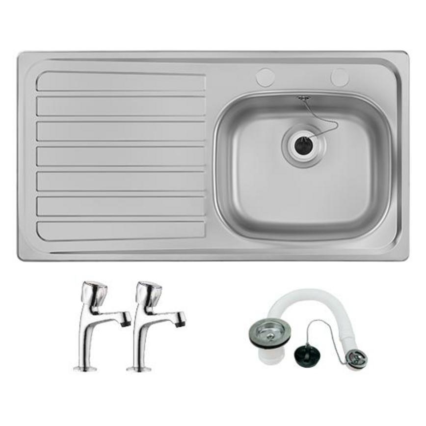 Lamona Single Bowl Left-Hand Drainer Sink (2 Tap Holes) and Lamona Chrome Pillar Taps Package
