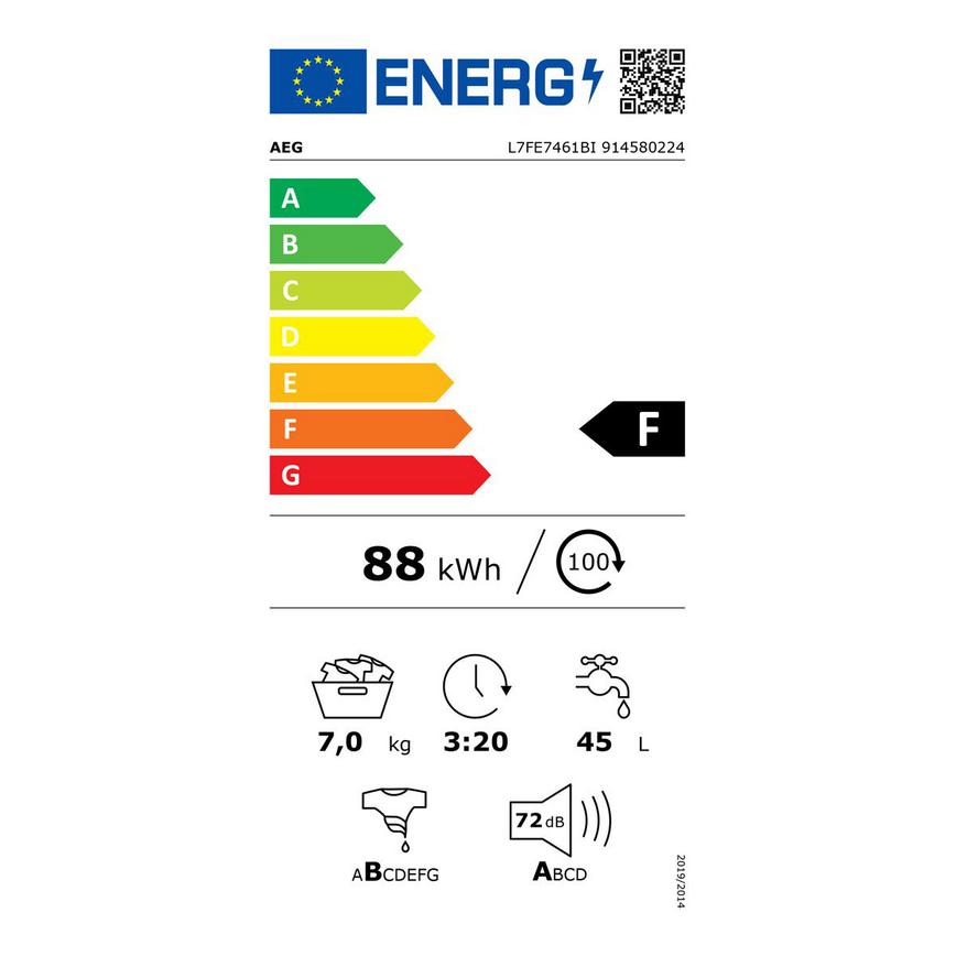 EU Energy Label HAG8701 AEG L7FE7461BI Integrated 7Kg 1400rpm White Washing Machine