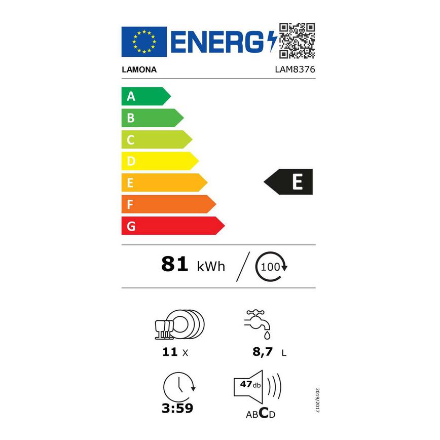 EU Energy Label Lamona LAM8376 Integrated Slimline Black Control PaDishwasher