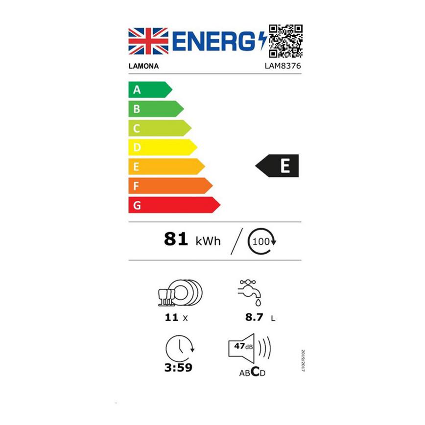 UK Energy Label Lamona LAM8376 Integrated Slimline Black Control PaDishwasher