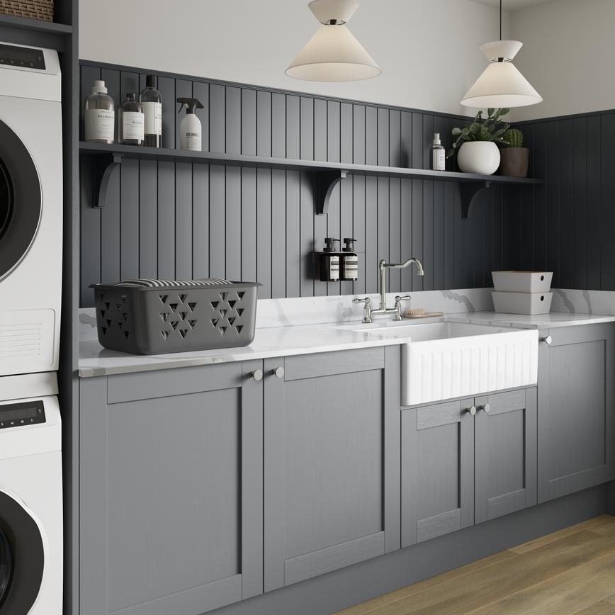 Ceramic Fluted Winterburn Butler 800 Single Bowl featuring Halesworth Dusk Blue Utility Room