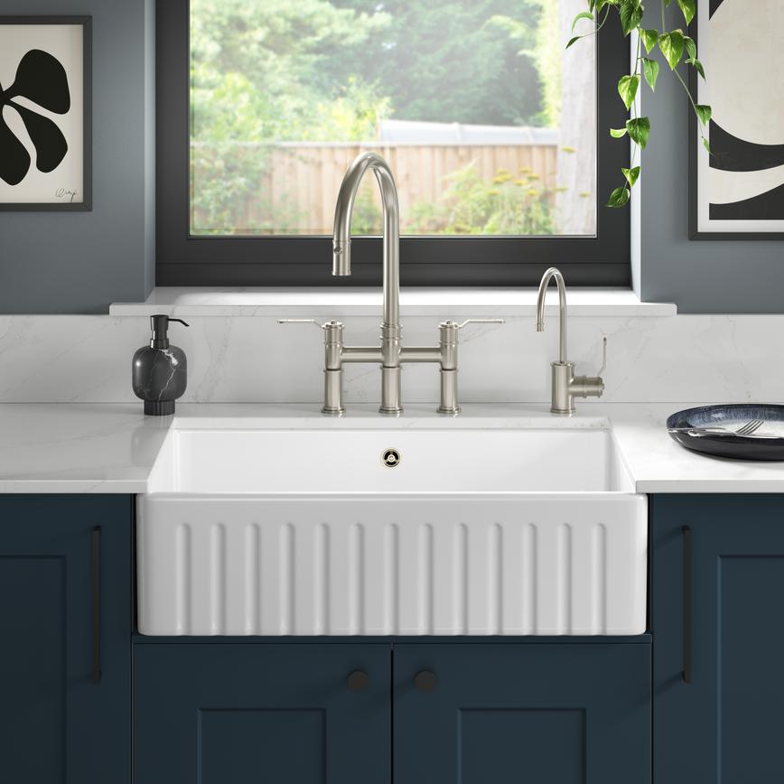 Ceramic Fluted Winterburn Butler 800 Single Bowl Sink in Chelford Marine Blue Kitchen