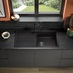 Single Bowl Black Composite Sink With Stainless Steel Waste Kit, Rienza Matt Black Tap in a Clerkenwell Charcoal Kitchen