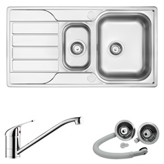 Rumworth 1.5 Bowl Sink and Arno Chrome Long Arm Mixer Tap With Premium Strainer Waste Kit Package