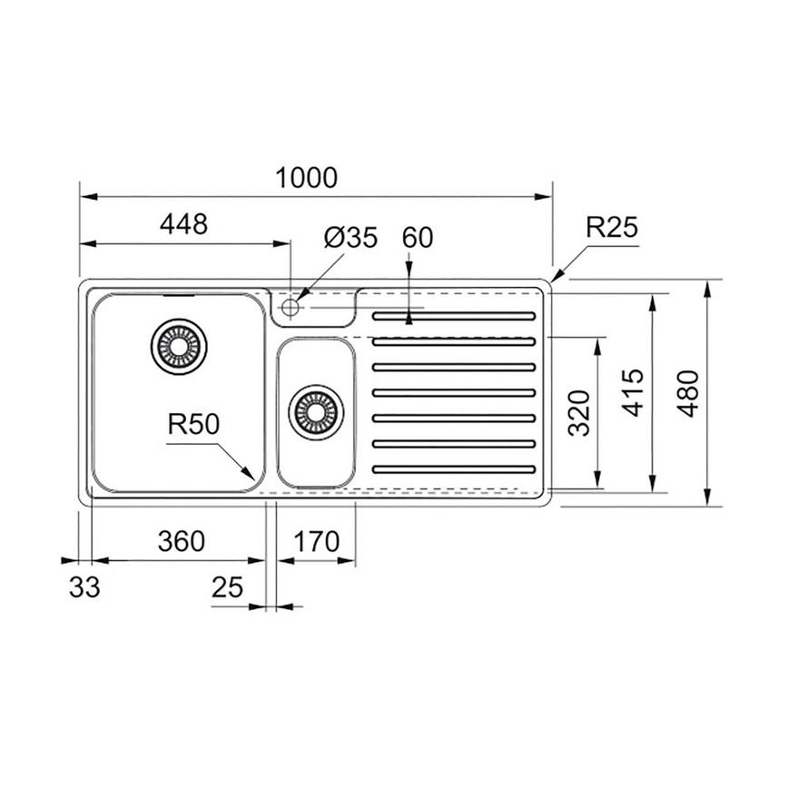 Franke Bell 1.5 Bowl Left Hand Inset Stainless Steel Kitchen Sink Line Drawing