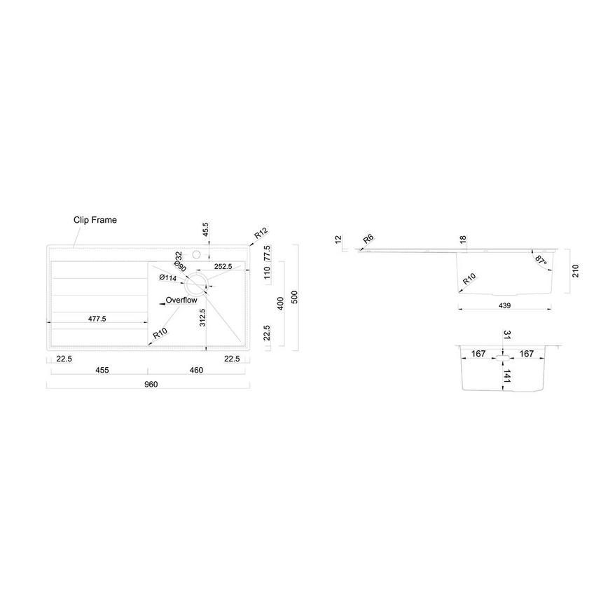 Rangemaster Eyebrook Single Bowl Left Hand Inset Stainless Steel Kitchen Sink Line Drawing
