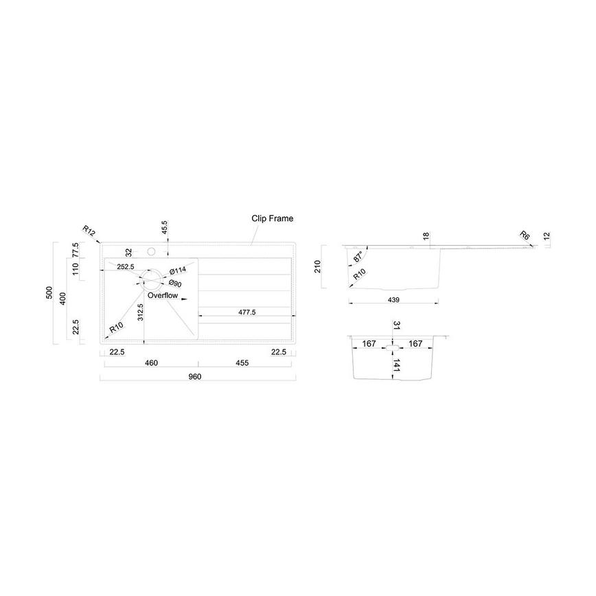 Rangemaster Eyebrook Single Bowl Right Hand Inset Stainless Steel Kitchen Sink Line Drawing