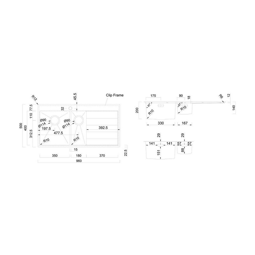 Rangemaster Eyebrook 1.5 Bowl Right Hand Inset Stainless Steel Kitchen Sink Line Drawing