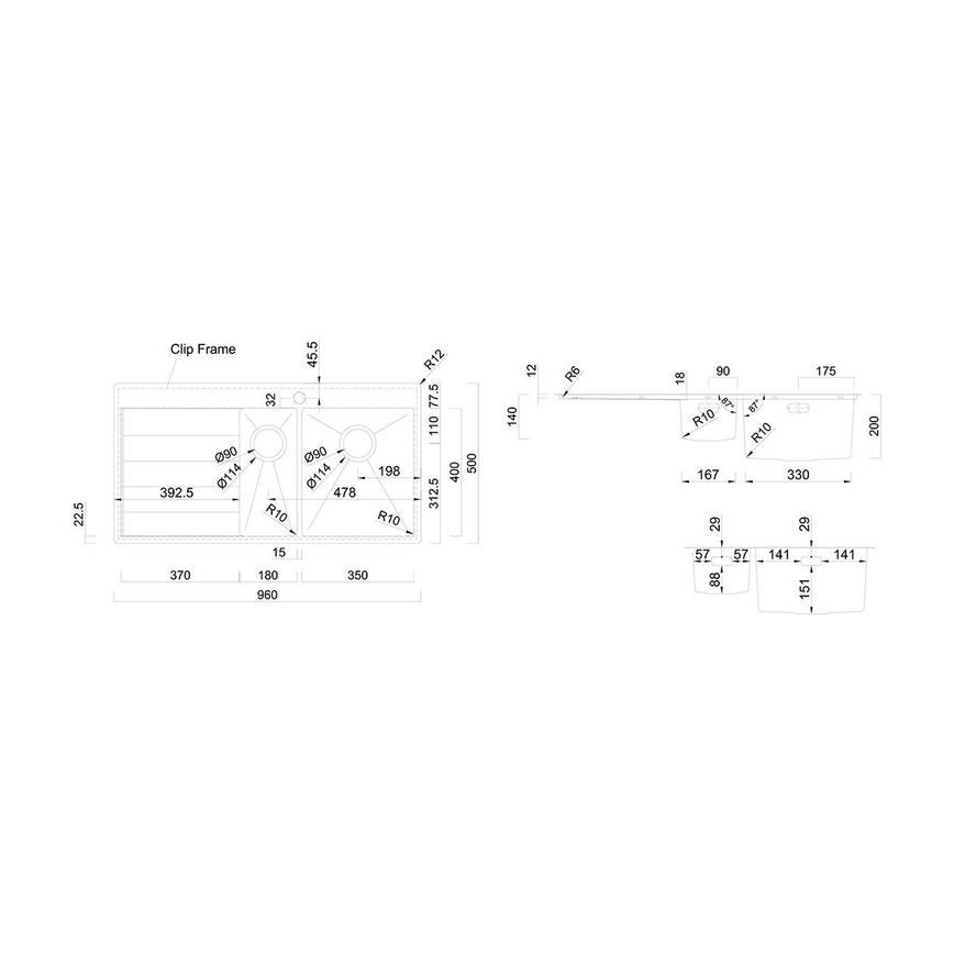 Rangemaster Eyebrook 1.5 Bowl Left Hand Inset Stainless Steel Kitchen Sink Line Drawing