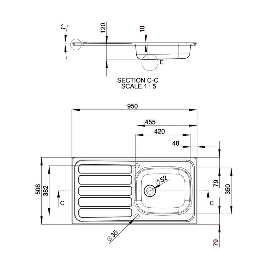 Drayton Single Bowl Reversible Inset Stainless Steel Shallow Kitchen Sink Line Drawing