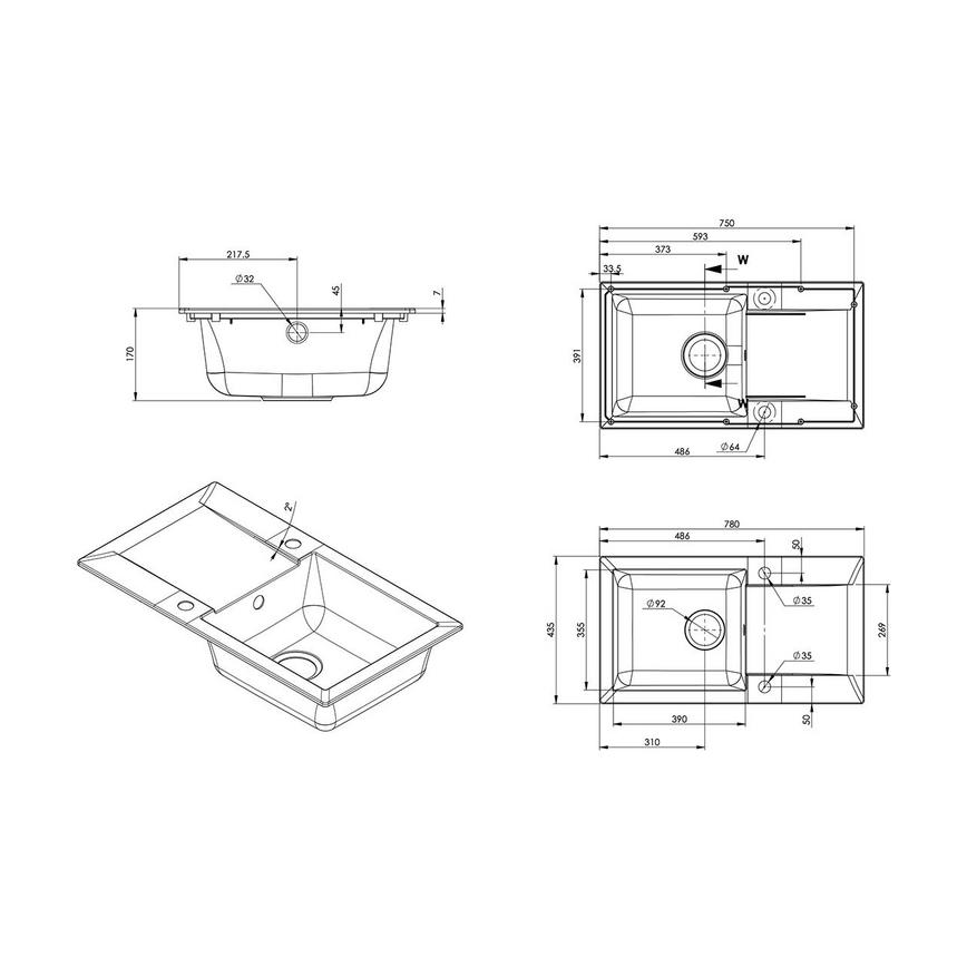Single Bowl Reversible Inset Composite Black Compact Kitchen Sink Line Drawing