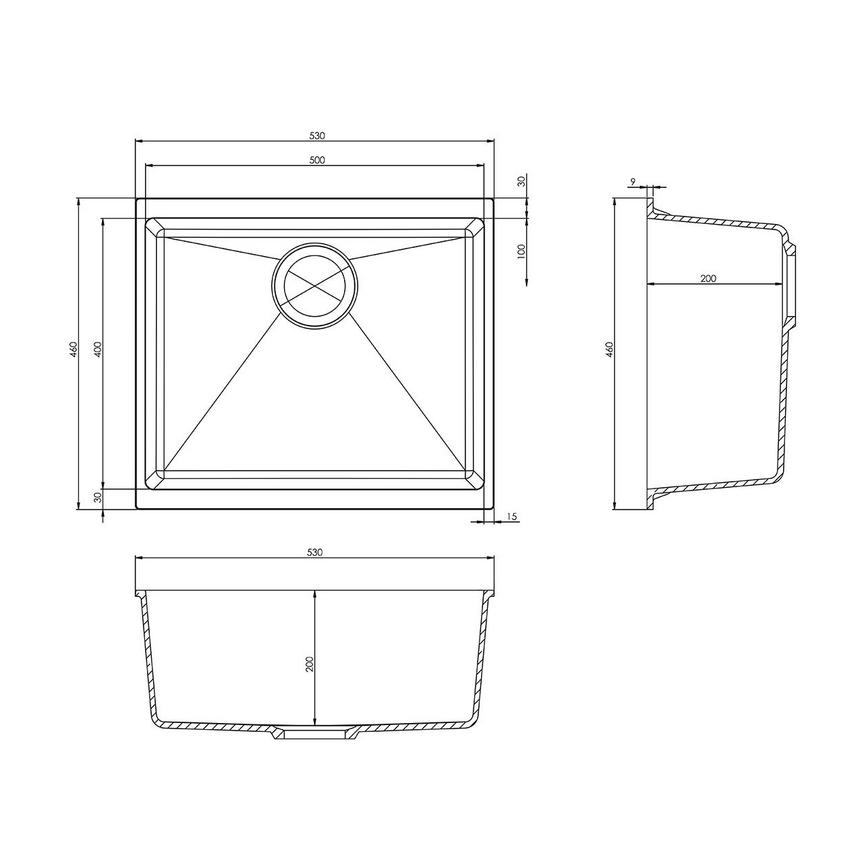 Chasewater Single Bowl No Drainer Inset/Undermount Granite Composite Fossil Kitchen Sink Line Drawing