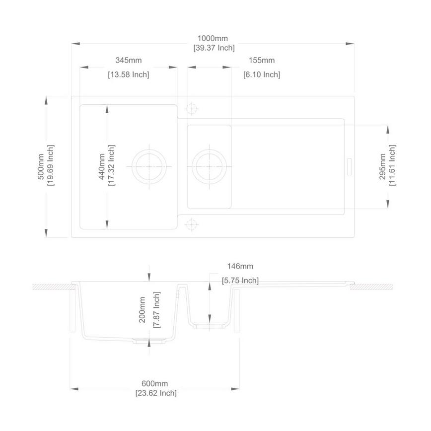 Chasewater 1.5 Bowl Reversible Inset Granite Composite Charcoal Kitchen Sink Line Drawing