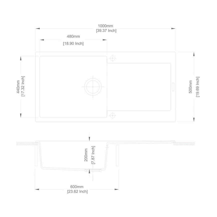 Chasewater Single Bowl Reversible Inset Granite Composite Black Kitchen Sink Line Drawing