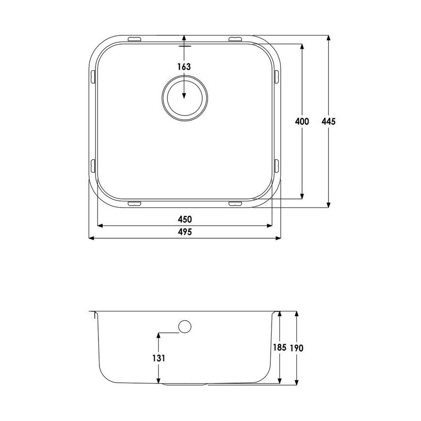 Square Single Bowl Stainless Steel Sink Line Drawing