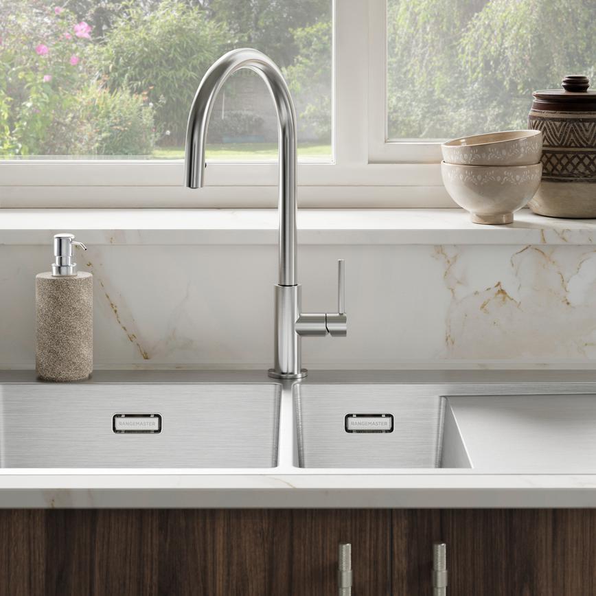 Radstone Brushed Stainless Steel Swan Neck Pull Out Kitchen Tap featuring Hockley Walnut Kitchen