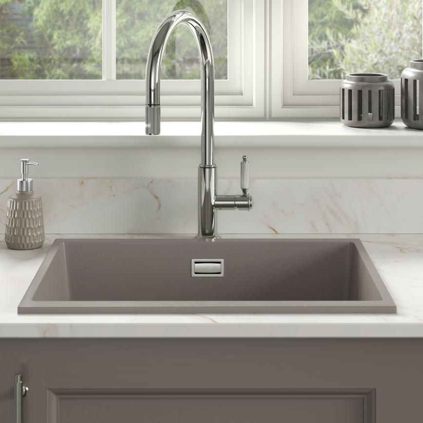 Holkham Polished Nickel Swan Neck Pull Out Kitchen Tap Featuring Elmbridge Mushroom
