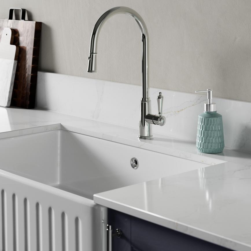 Bowden Polished Nickel Swan Neck Pull Out Kitchen Tap in Bridgemere Navy 