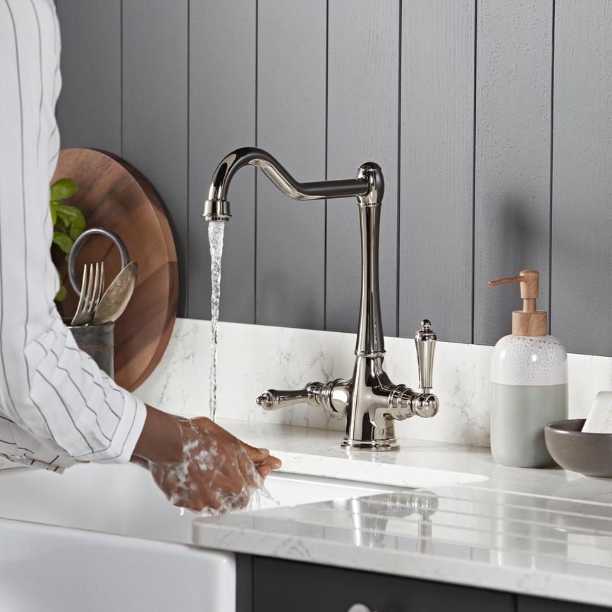 Polished Nickel J Spout Mixer Tap In Use