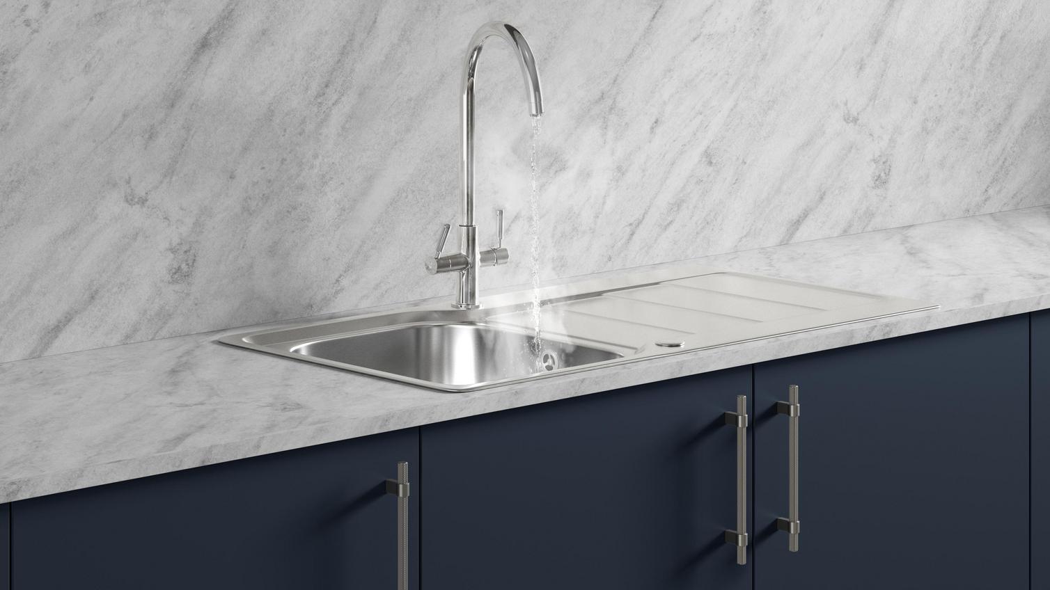 Kynance Chrome 3 In 1 Tap Hollingworth Inset Bowl in Hockley Navy Kitchen Hot