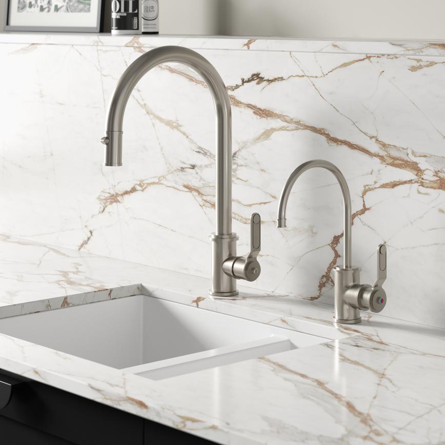 Perrin & Rowe Armstrong Matt Pewter Swan Neck Instant Hot Water Kitchen Tap Featuring  Chilcomb Black