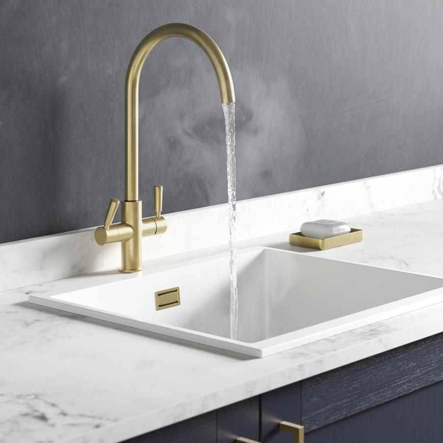 Pronteau Kynance PROBOIL2X Brushed Brass Swan Neck 3 in 1 Instant Hot Water Kitchen Tap Featuring Halesworth Navy Hot Water On 