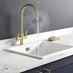 Pronteau Kynance PROBOIL2X Brushed Brass Swan Neck 3 in 1 Instant Hot Water Kitchen Tap Featuring Halesworth Navy Hot Water On
