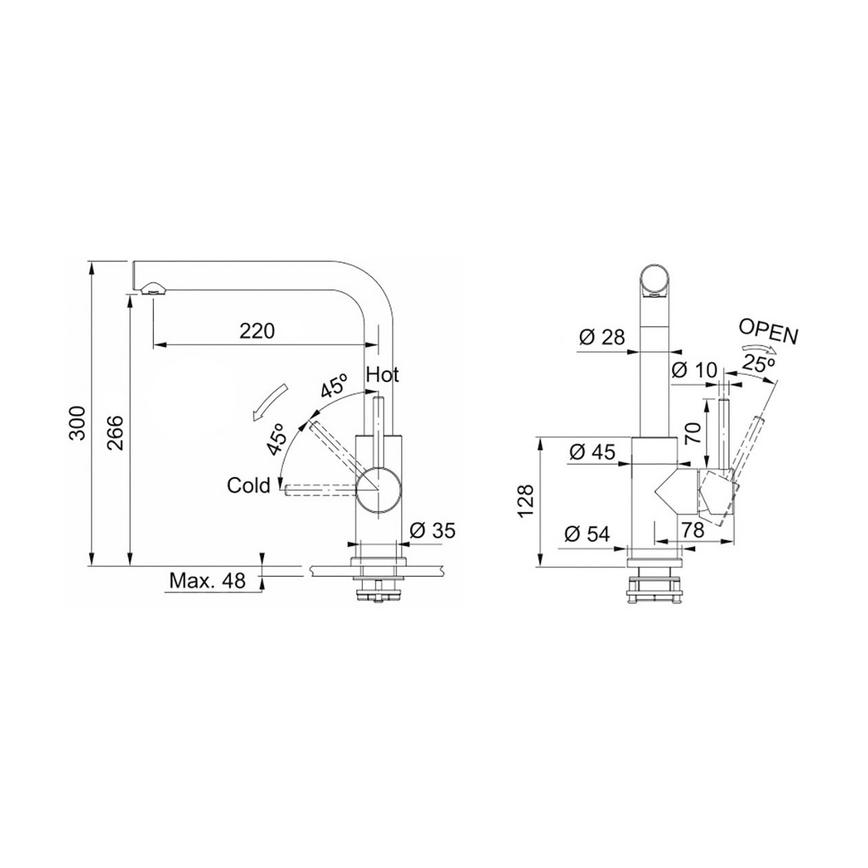 Franke Glenda Satin Stainless Steel Right Angled Mixer Kitchen Tap Line Drawing