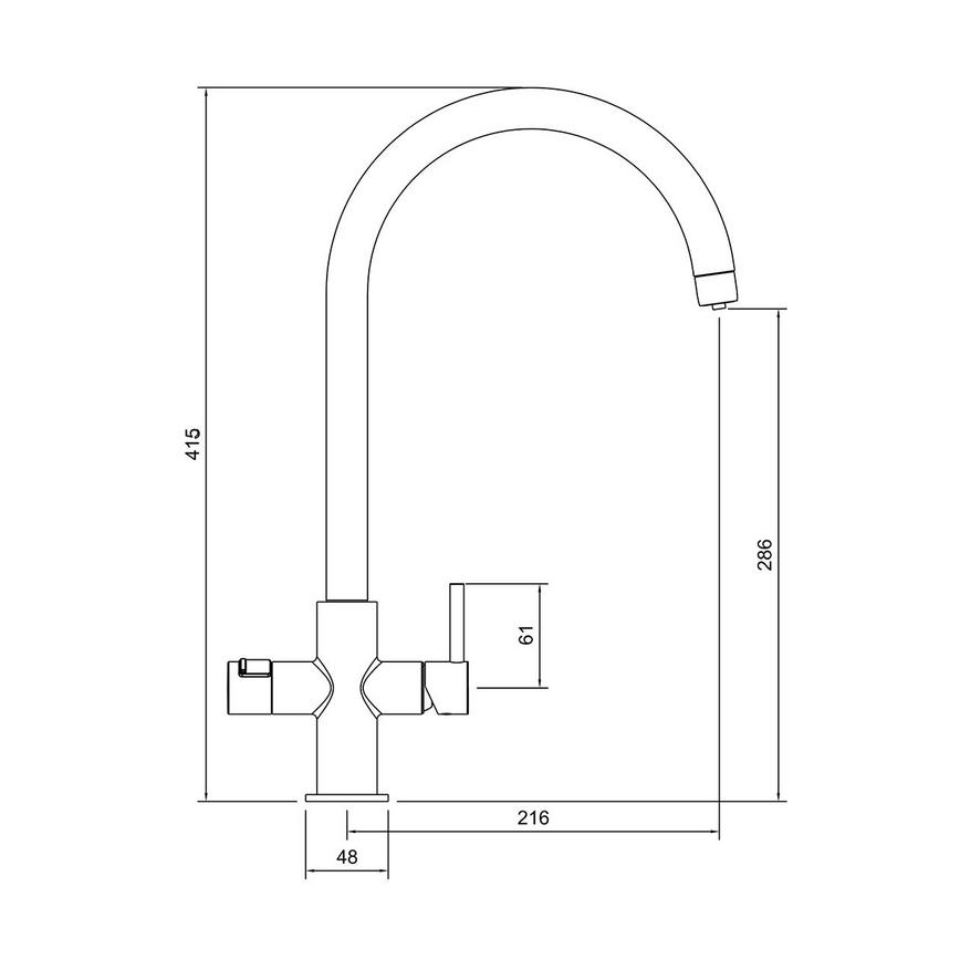 Pronteau Calcinara PROBOIL2X Polished Chrome Swan Neck 3 in 1 Instant Hot Water Kitchen Tap Line Drawing