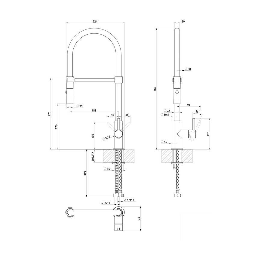 Calcinara Chrome Pull Out Tap Line Drawing