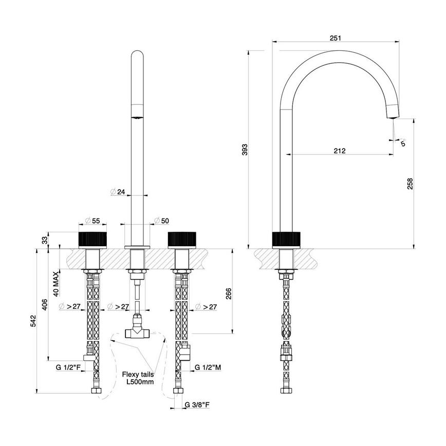 Corris Aged Brass Mixer Tap Line Drawing