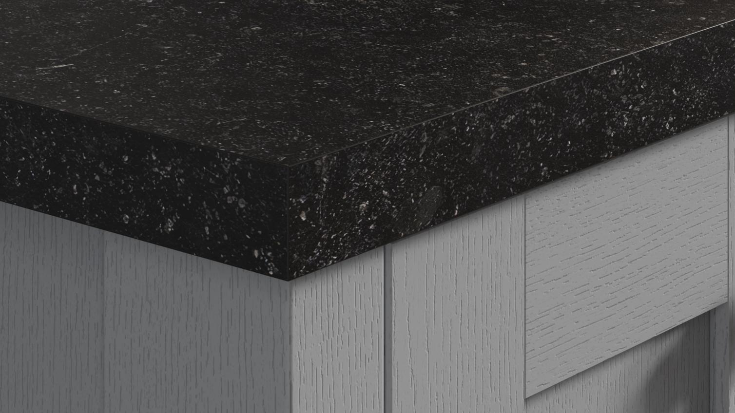 Nebula Stone Square Edge Worktop on Grey cabinets with Brass Knobs