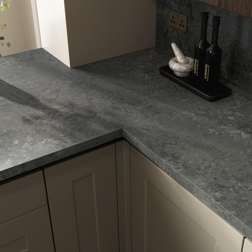 Howdens 3m x 38mm Square Edge Nero Metal Effect LamInate Worktop In Chelford Pebble Handleless Kitchen