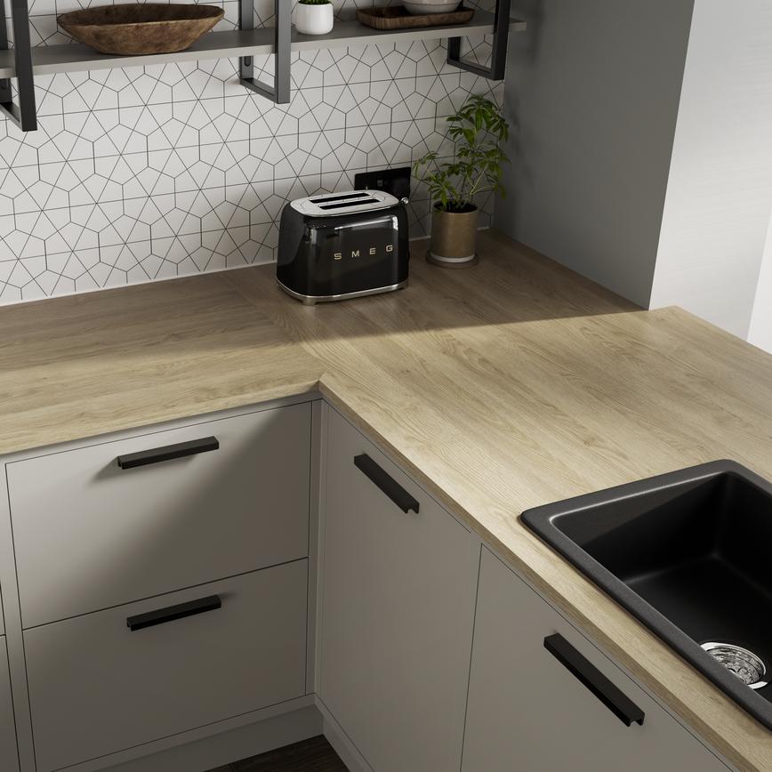 Howdens 3m x 22mm Square Edge VirgInia Oak Effect LamInate Worktop Hockley Super Matt In Sandstone Inframe Kitchen