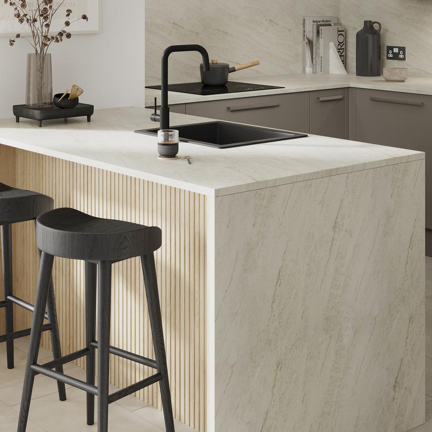 Howdens 3m x 22mm Square Edge Quartzite Marble Effect LamInate Worktop In Hockley Gloss Sand Grey Kitchen