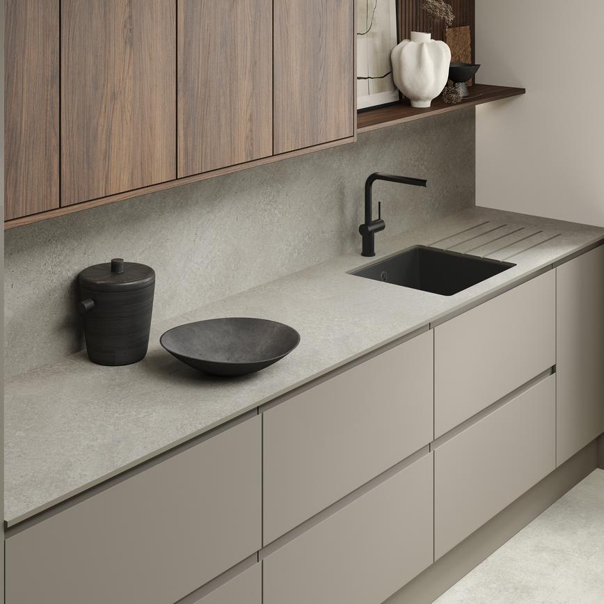 Howdens 3m x 12mm Square Edge Sandstone Compact LamInate Worktop In Clerkenwell Closs Sand Grey