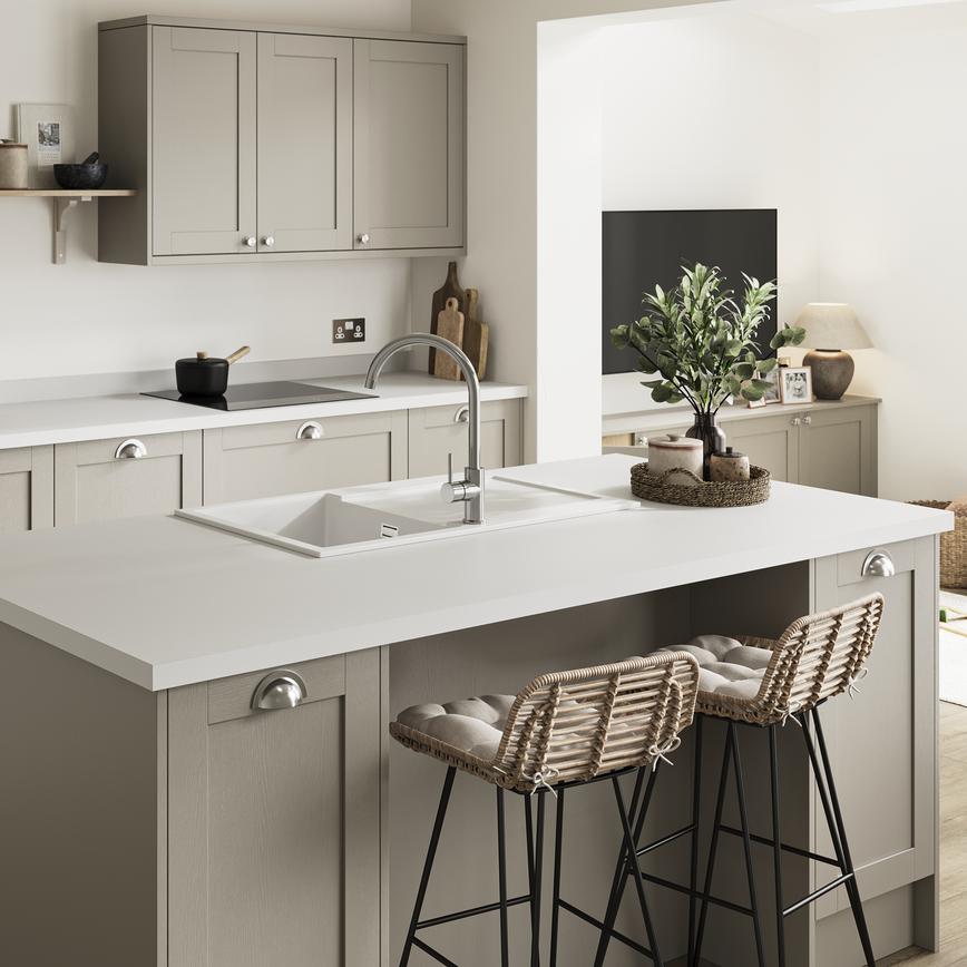 Howdens 3m x 38mm Square Edge White Laminate Worktop In Allendale Pebble