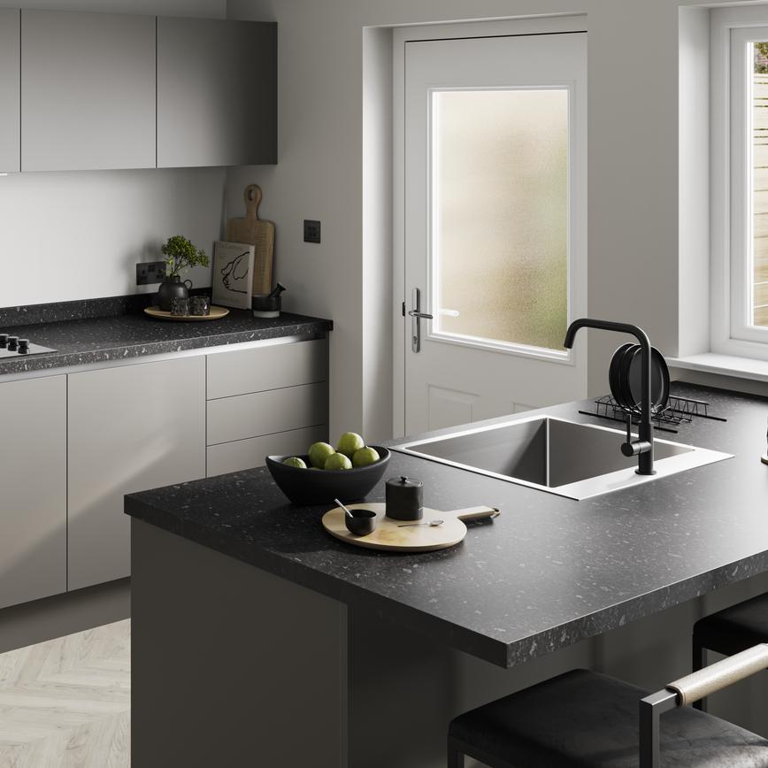 Howdens 3m x 38mm Square Edge Black Granite Effect Laminate Worktop in Howdens Kitchen Greenwich Handleless Croft Grey