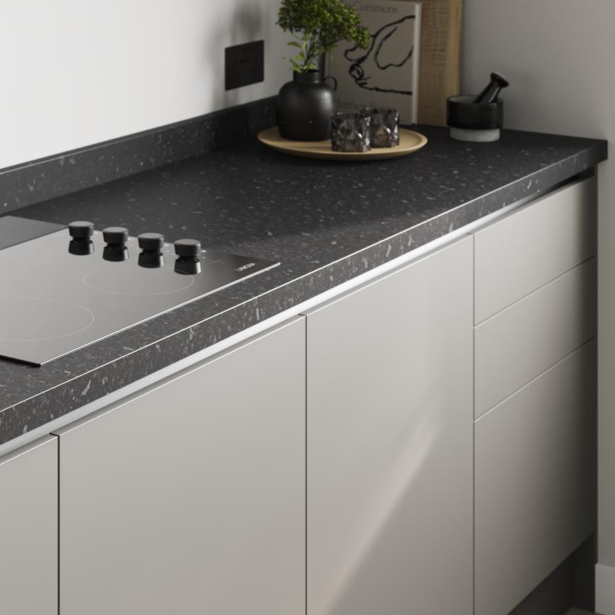 Howdens 3m x 38mm Square Edge Black Granite Effect Laminate Worktop Featuring Greenwich Handleless Croft Grey
