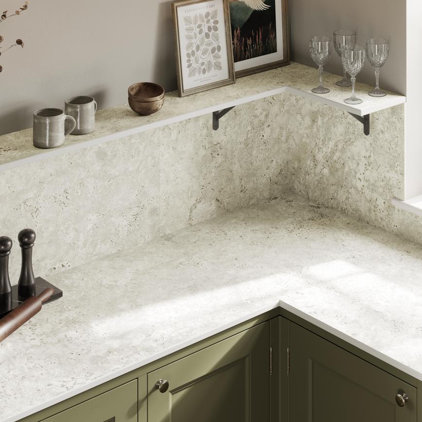 Bespoke Dekton 20mm Sabbia Worktop Close up of Corner, Backboard and Matching Wall Shelf