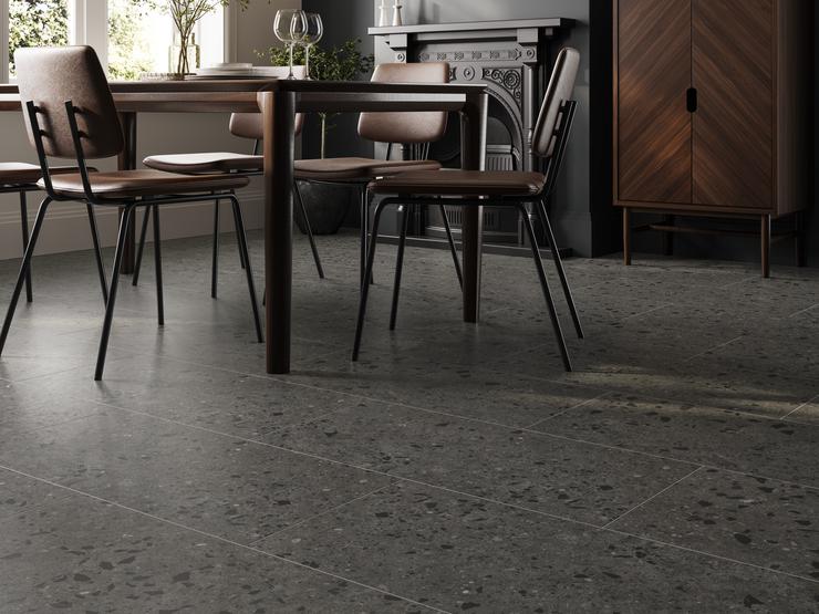 Oake and Gray Grey Terrazzo XL Luxury Rigid Vinyl Flooring with Integrated Underlay 2.62m² Pack in a Dining Room