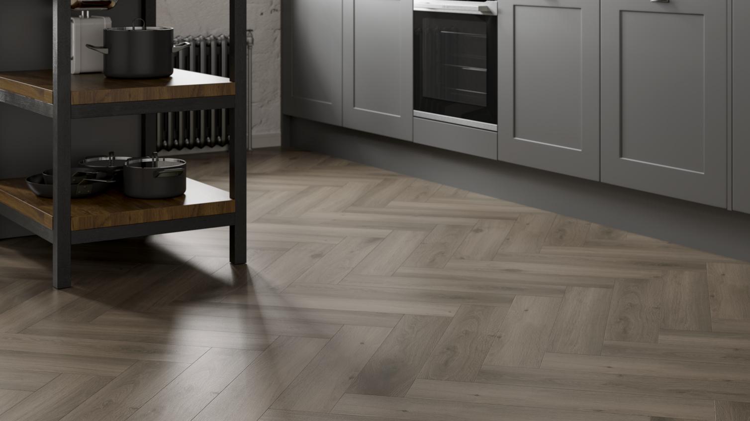 Howdens Herringbone Warm Oak Laminate Flooring 1.238 m² Pack Featuring Chelford Slate Grey