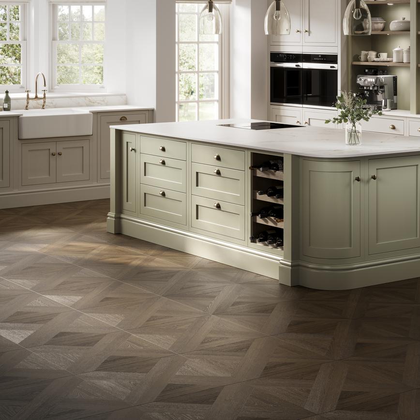 Oake and Gray Heritage Oake Basket Weave Parquet Rigid Vinyl Flooring Ilfracomb Sage Green and Linen