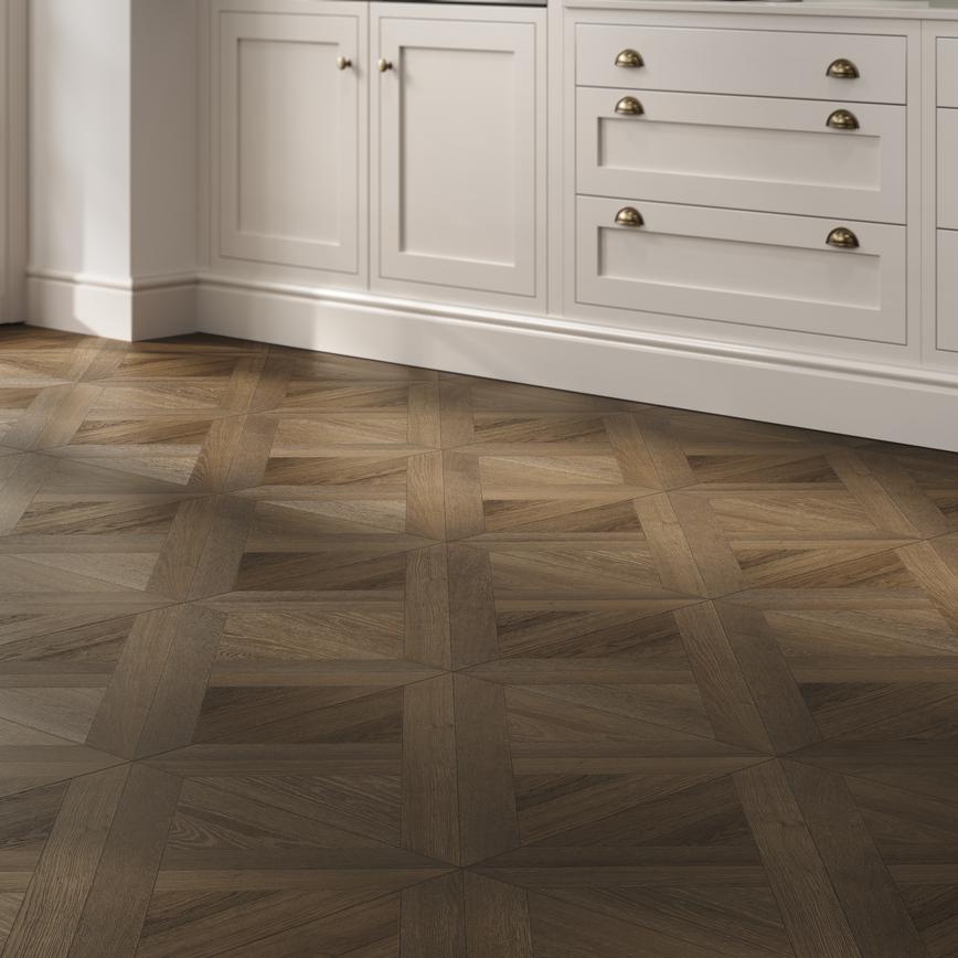 Oake and Gray Heritage Oake Basket Weave Parquet Rigid Vinyl Flooring Ilfracomb Sage Green and Linen