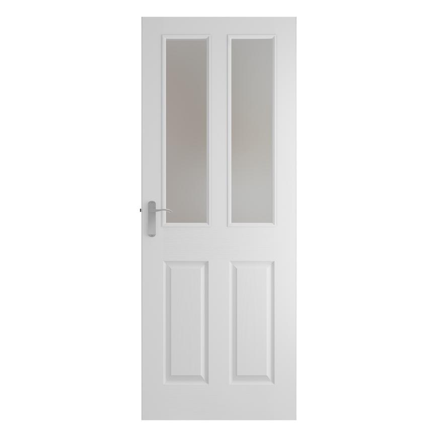 Howdens Thruxton White Grained 4 Panel Moulded Frosted Glazed Door