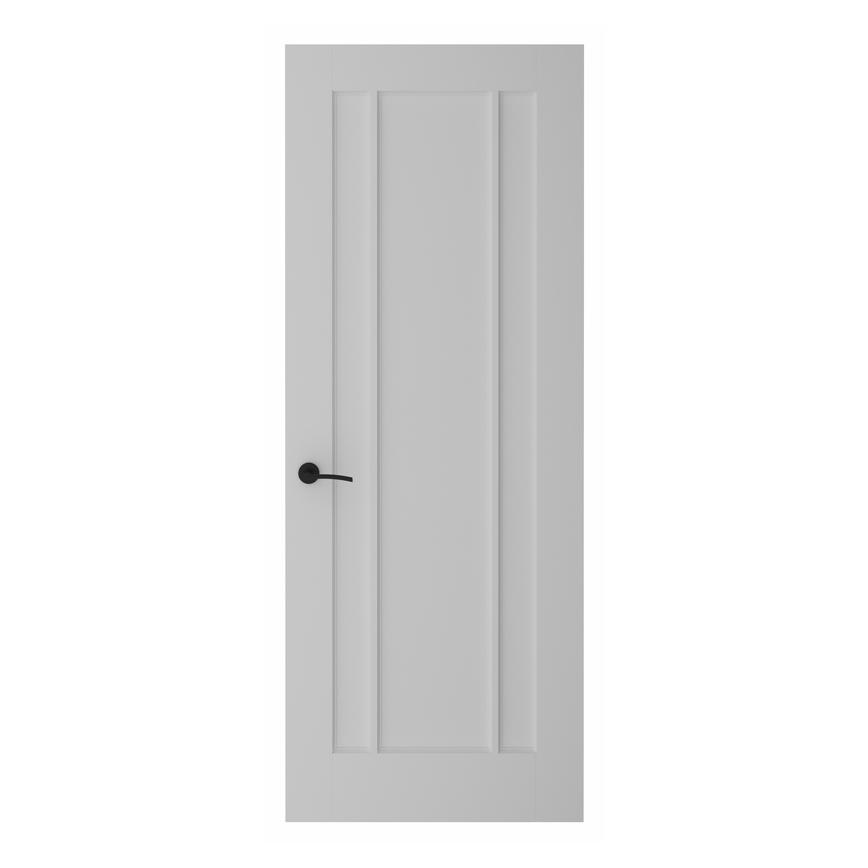 Worcester 6'6" x 2'6" White Primed 3 Panel Door" & Jigtech Newington Matt Black Quick Fit Lever on Rose Door Handle Pack