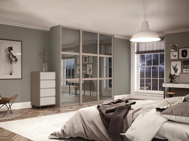 Mirrored Shaker 3 Panel Cashmere Internal Sliding Wardrobe Door